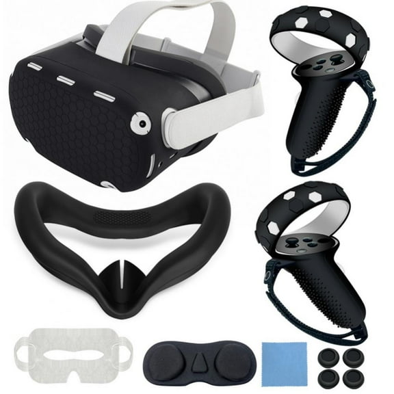 Silicone Protctive Cover Set for Quest 2, VR Shell Cover, Silicone Face Cover, Lens Protector, Controller Grips Protector Cover, Thumb Button Cap, Cleaning Cloth, Disposable Eye Cover