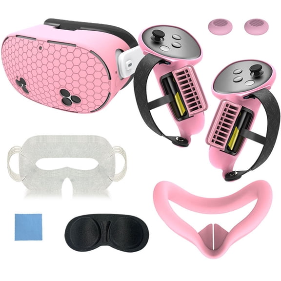 Silicone Protective Accessory Set for Meta Quest 3S, Including Controller Handle Cover, VR Shell, Face Mask, Lens Cover, Thumb Grip, Eye Mask-A-Pink