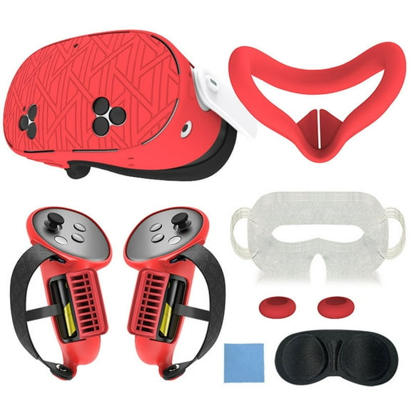 Silicone Protective Accessory Set for Meta Quest 3S, Including Controller Handle Cover, VR Shell, Face Mask, Lens Cover, Thumb Grip, Eye Mask-B-Red