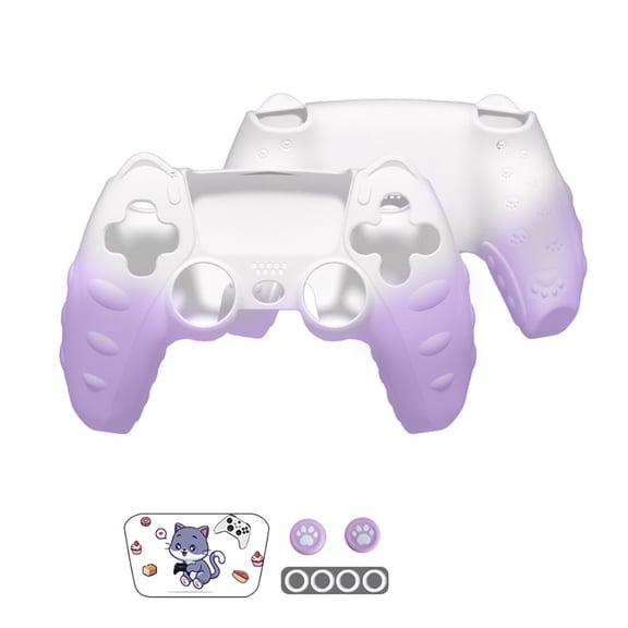Silicone Protective Cover for PS5 Game Controller, Soft, Comfortable, Cartoon and Cute, with Joystick Cap and Sticker Joystick Ring Accessories-Purple White