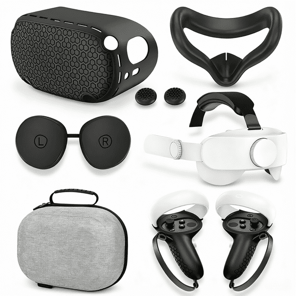 For Silicone Protective Cover VR Headset Shell Face Pad Controller Grips Joystick Skin Lens Cover Adjustable Head Strap Storage Case Compatible with Meta Quest 2
