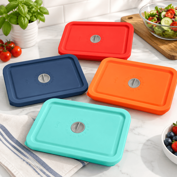 Silicone Replacement Lids for 3 Cup Rectangle Glass Food Storage Containers, 4 Pack