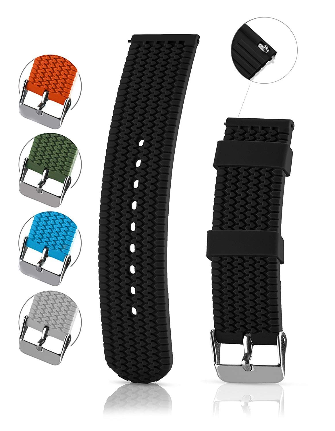 Bracelet Montre Silicone Modèle 'Pneu' - 18/20/22mm, Dégagement Rapide, Noir
