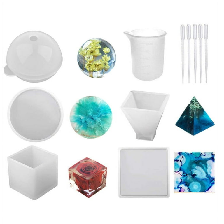Danjia Silicone Resin Molds 5pcs Resin Casting Molds Including Sphere, Cube, Pyramid, Square, Round with 1 Measuring Cup & 5 Plastic Transfer Pipettes