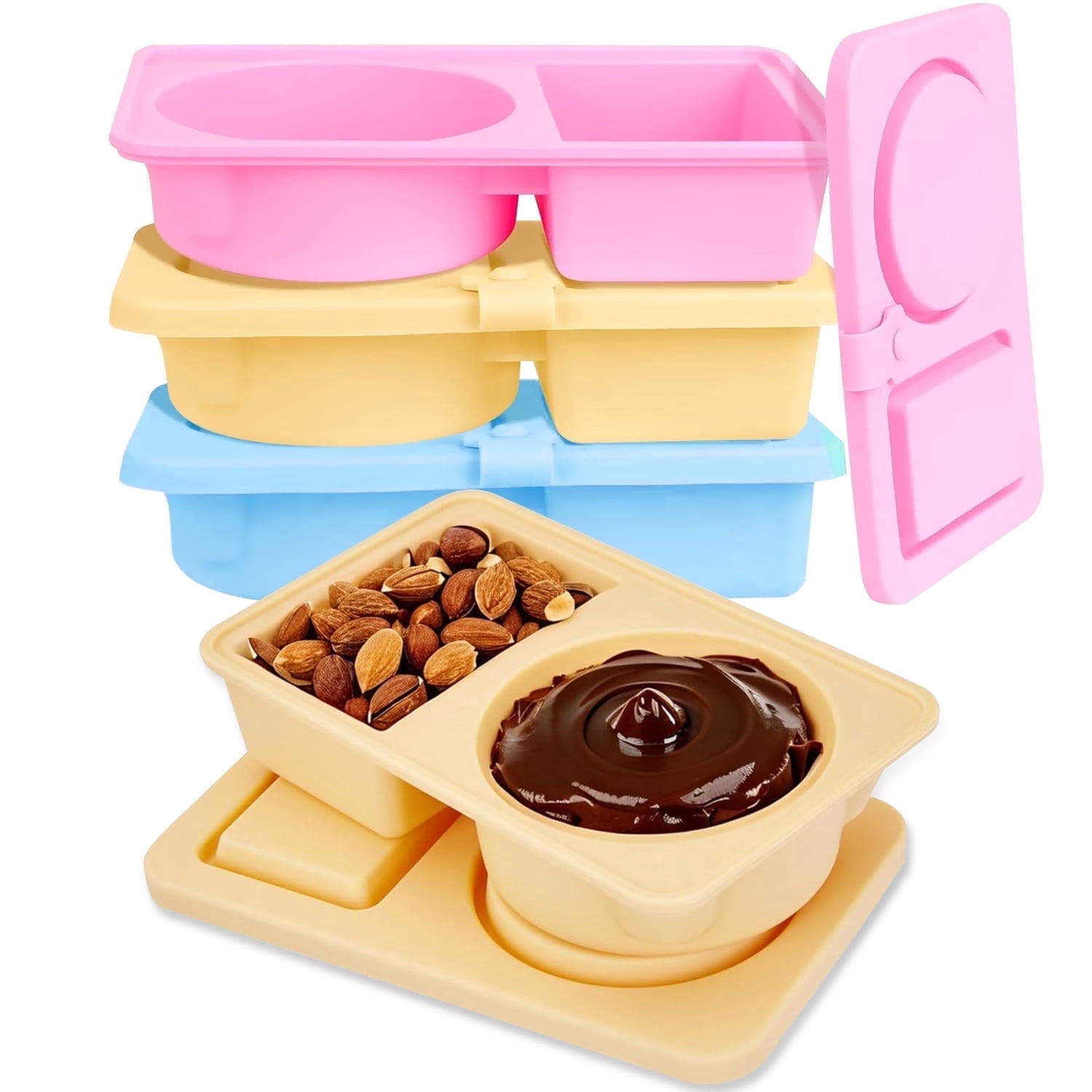 4 Pack Silicone Reusable Snack Containers with Lids, Double Compartment Snackle Box Containers, Small Mini Food Snack Boxs for Travel Office Picnic