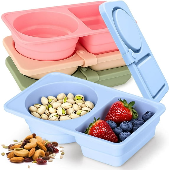 Silicone Reusable Snack Containers with Lids, Double Compartment Snackle Box for Sauce, Condiments, Snack, Portable Mini Food Storage Container Travel, Office, Picnic 4 Pack -