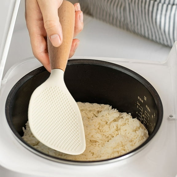Silicone Rice Paddle Spoon Household Rice Shovel Heat Resistant Anti-Scalding Rice Scooper Rice and Potato Servers Serving Spoons Wood Handle Kitchen Gadgets (White)
