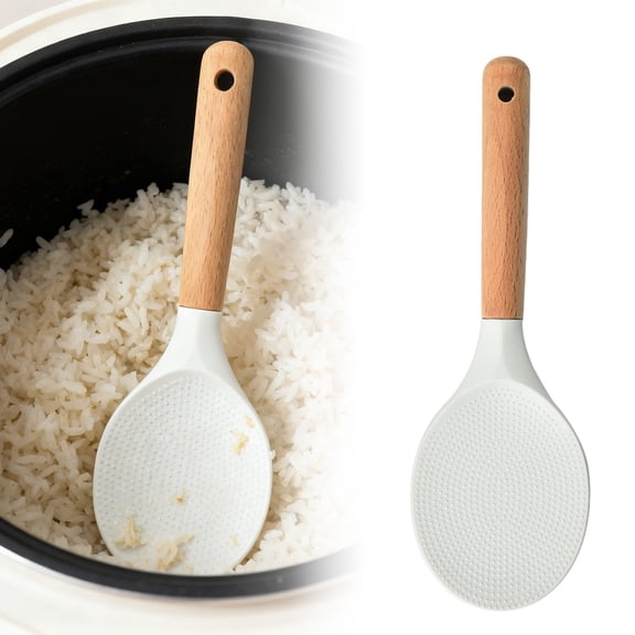 Silicone Rice Scooper for Nonstick Cookwares, 3x9" Wood Handle Mixing & Serving Spoon, Heat Resistant & Food Safe Cooking Utensil (White)
