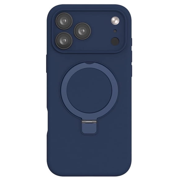 Silicone Ring Stand Magnetic Case for iPhone 17 Pro Max with Tempered Glass Screen Protector - Navy Blue