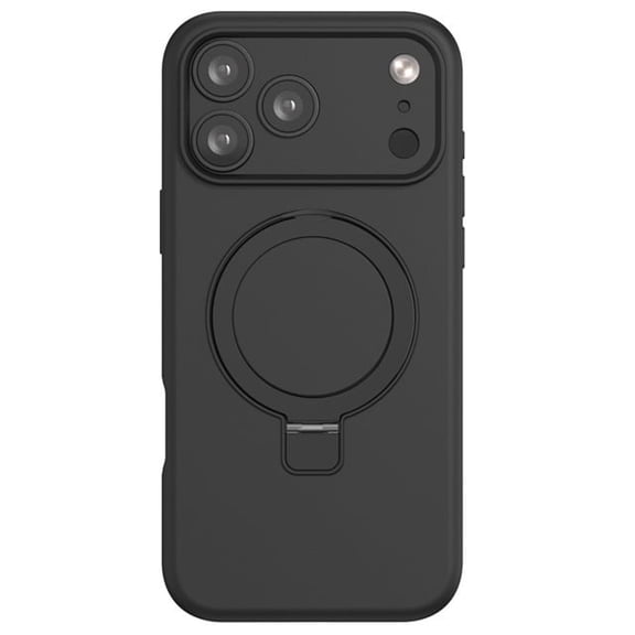 Silicone Ring Stand Magnetic Case for iPhone 17 Pro with Tempered Glass Screen Protector - Black
