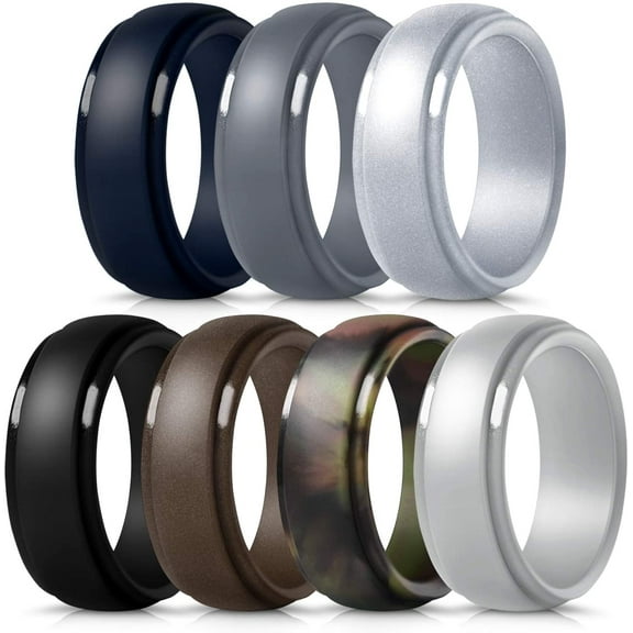 Silicone Ring for Men, Mokani 7-Pack Step Edge Sleek Design Rubber Wedding Bands,  Size 10