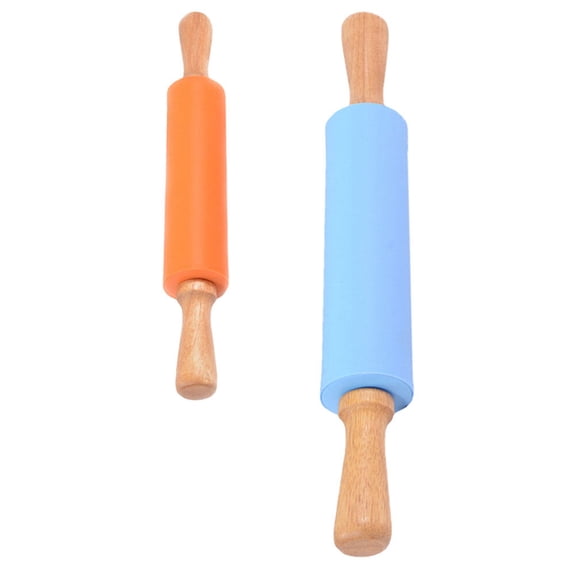 2Pcs Silicone Dough Rolling Pins Kids Wooden Handle Baking Supply Tools