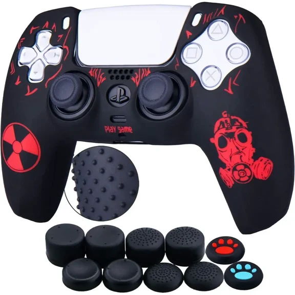 Silicone Rubber Back Dots Carving Customizing Skin Cover for PS5 Controller x 1(Radiation Red) with Pro Thumb Grips x 10