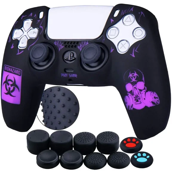 Silicone Rubber Back Dots Carving Customizing Skin Cover for PS5 Controller x 1(Radiation Red) with Pro Thumb Grips x 10