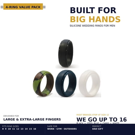 Dad's Ring Silicone Rubber Wedding Rings for Men, Pack of Black, Blue, Camo, White (Large Sizes)