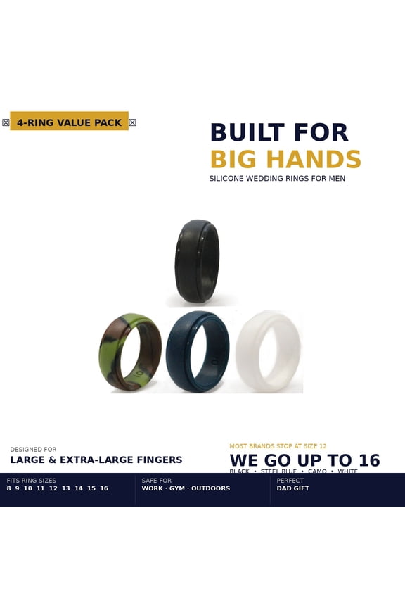 Silicone Rubber Wedding Rings for Men, Pack of Black, Blue, Camo, White (Large Sizes)