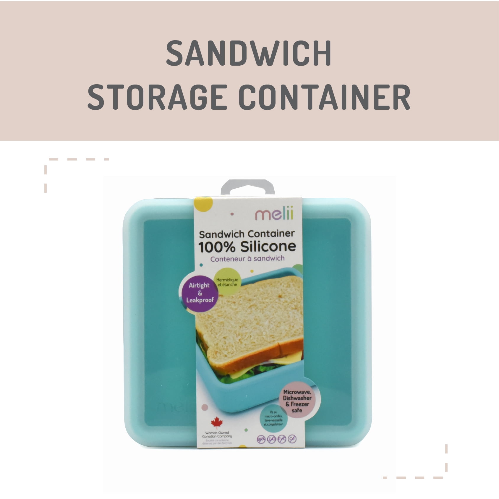 Melii Silicone Sandwich Food Storage Container, Reusable Leak-Resistant Lunch Container, Blue