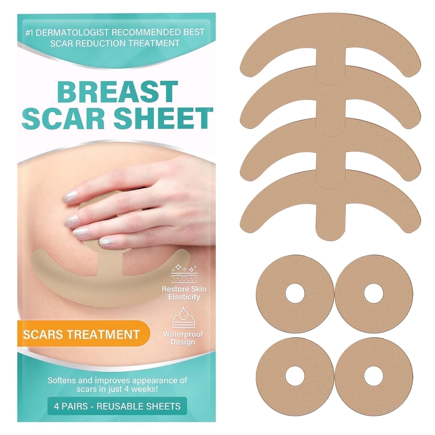 Silicone Scar Sheets, 4 Pair Silicone Scar Tape for Breast, Reusable and Effective Scar Removal