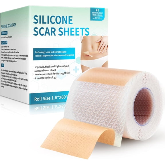Silicone Scar Sheets, Silicone Scar Tape(1.6x 60 Roll-1.5M), Silicone Scar Strips, Professional Scar Removal Sheets for Surgical Scars, Keloid, C-Section, Burn et