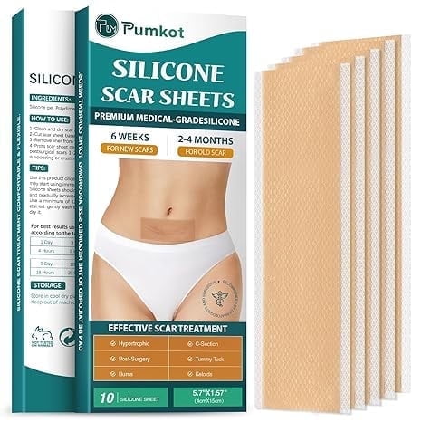 Silicone Scar Sheets, Silicone Scar Tape(5.7 x 1.57 10 Pcs), Scar Removal Away Strips for Surgical Scars, Keloid, C-Section, Burn et