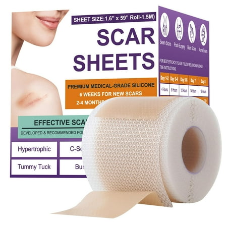 Silicone Scar Sheets,Silicone Scar Tape,Silicone Scar Removal Strips for Surgical,C-Section,Tummy Tuck,Keloid Scars (1.6"X 59" Roll-1.5M) Keloid Bump Removal