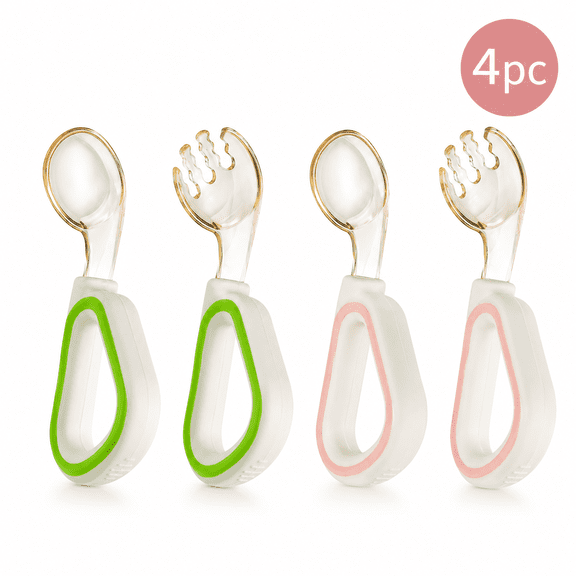 Silicone Short Handle Training Spoon Fork Set 4-Pack, PPSU Grip Utensils with Ergonomic Easy-Hold Design, Durable Feeding Cutlery Set for Daily Mealtime Practice and Home Use