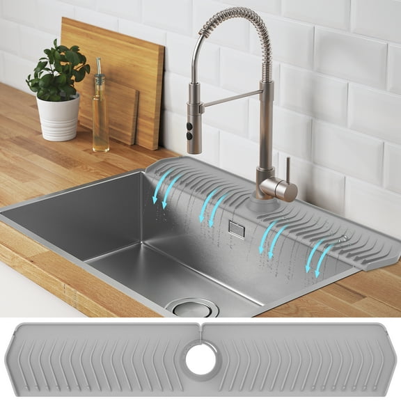 Silicone Sink Faucet Mat Anti-Slip with Fastening Lock Customizable Hole Splash Guard for Home Kitchen Countertop Gray