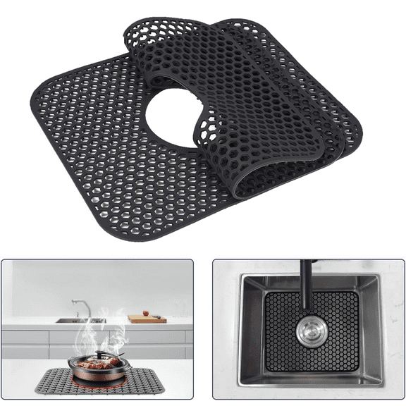 WJJIYR Silicone Sink Mat, 13.6''x11.6'' Folding Non-Slip Heat Resistant Kitchen Sink Protector Mats with Center Drain, Grid Design for Stainless Steel & Porcelain Sinks