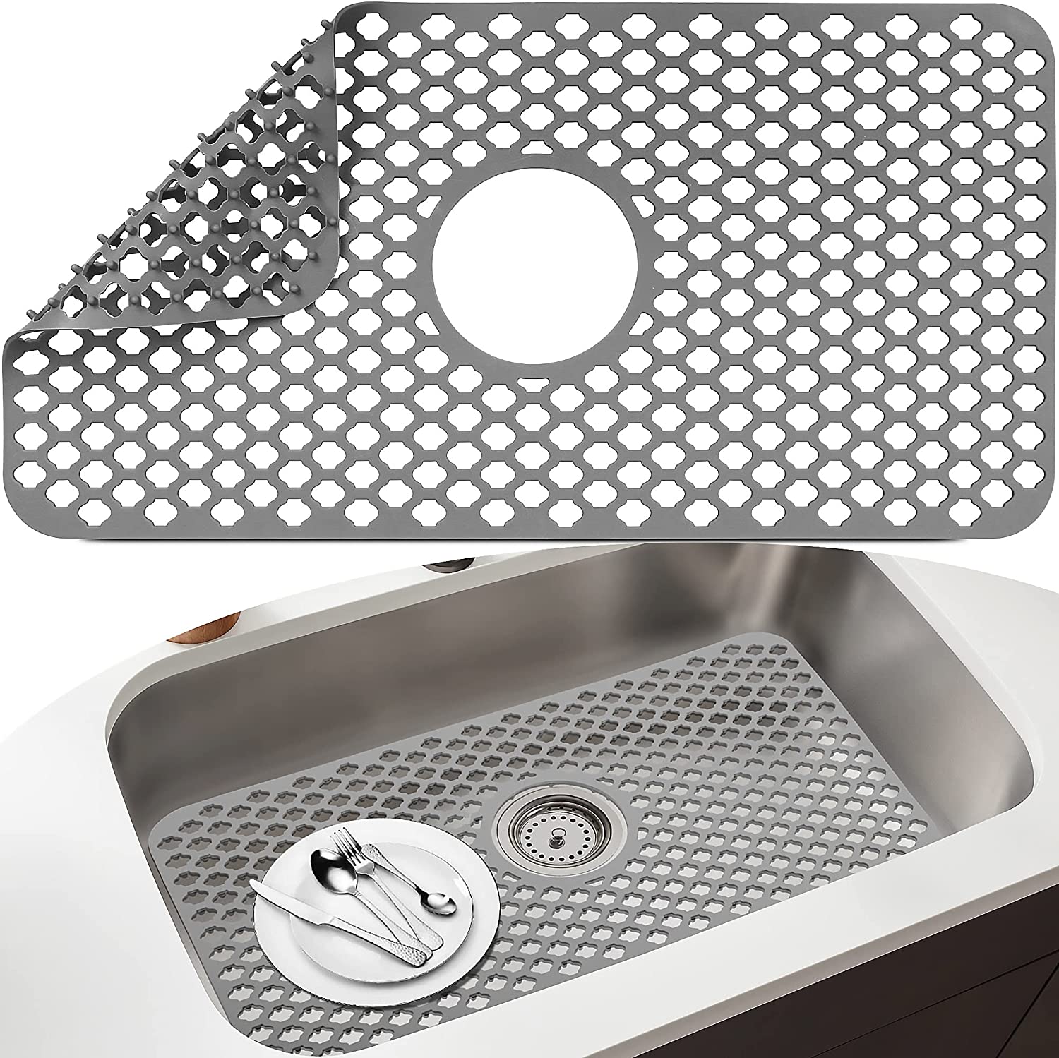 Zmoon Under Sink Mat, 34" x 22" Under Sink Liner Mat with Drain Hole