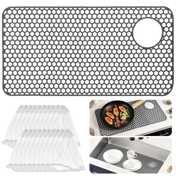 Silicone Sink Protector for Kitchen, 28.3x14.4" Non-slip Kitchen Sink Mat, Heat-resistant Pad for Farmhouse Stainless Porcelain Sinks, Includes 100 Mesh Strainer Bags