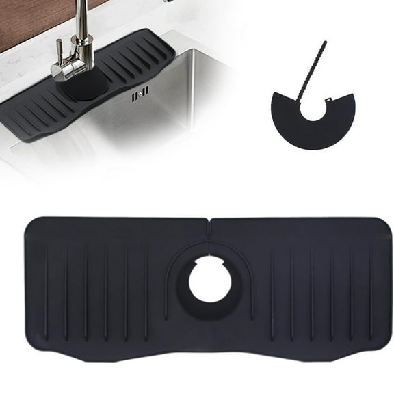 Silicone Sink Splash Guard 20 Inch Extended Ramp Kitchen Faucet Mat Bathroom Kitchen Sink Mat Non-Slip Splashproof Drying Mat Placemat(S,Black)