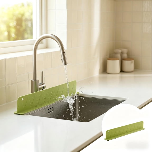Silicone Sink Water Splash Guard for Kitchen Countertop Non Perforated Flexible Baffle Board with Suction Cup Adhesive for Sink Edge and Stove Gap, Green