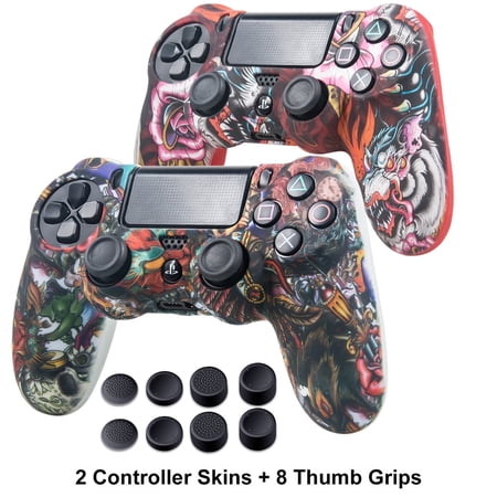 Silicone Skins for PS4 Controller - DualShock 4 Cover Water Printed Protector Case Set for Sony PS4, PS4 Slim, PS4 Pro - 2 Pack Leaf PS4 Accessories - 4 Pairs PS4 Thumb Grips - Dragon