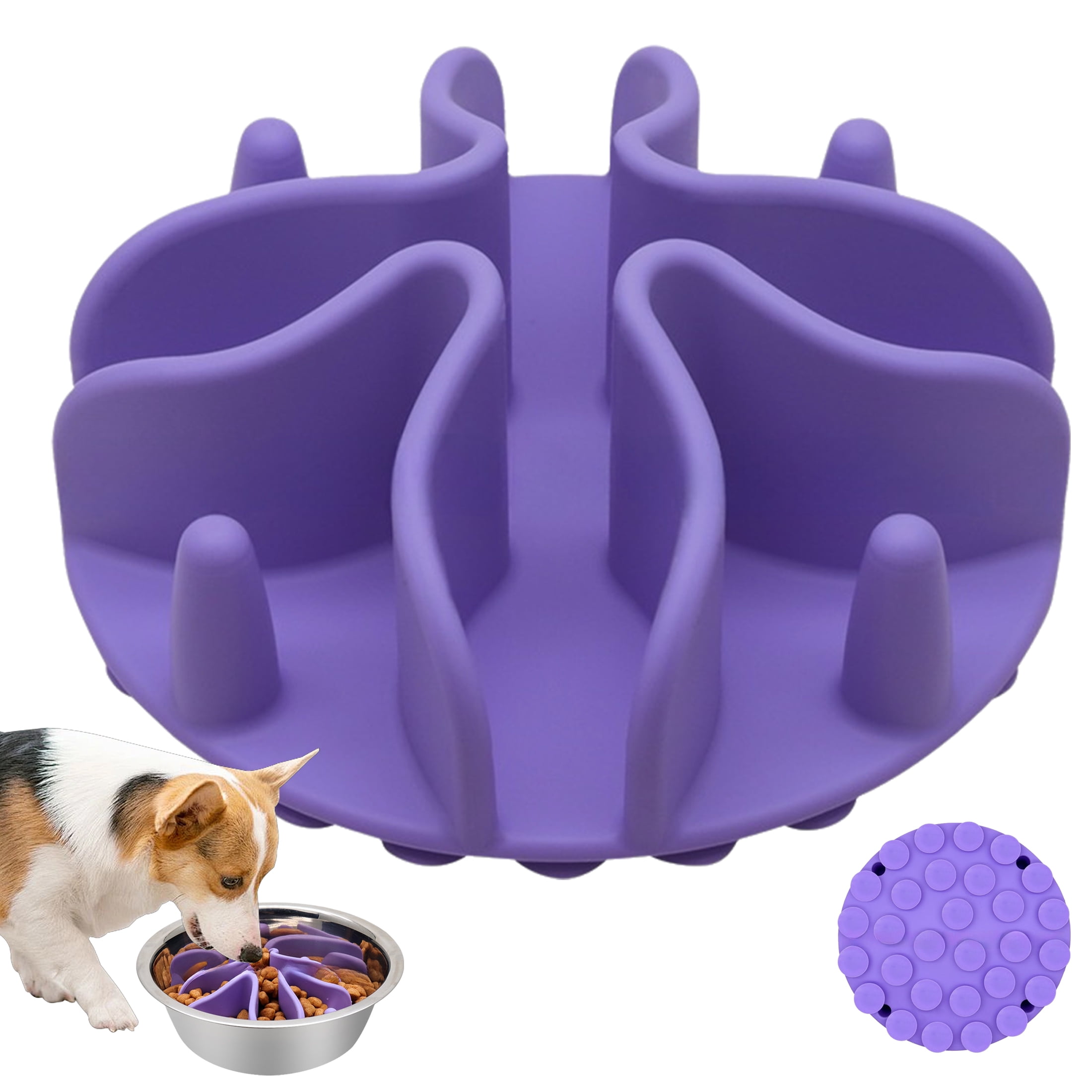 Silicone Slow Feeder Dog Bowl Insert, Large Size Purple with Strong Suction Cups, Universal for Stainless Steel, Glass & Ceramic Dog Bowls