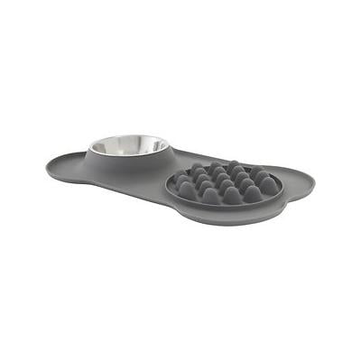 Silicone Slow Feeder Mat with Stainless Steel Bowl, Gray, Small