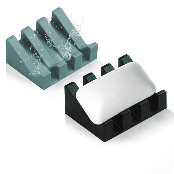 Silicone Soap Dish for Bar Soap Holder for Shower Bathroom Self Draining Waterfall Drying Tray Keep Soap Bars Dry Clean & Easy Cleaning (Green and Black, 2)