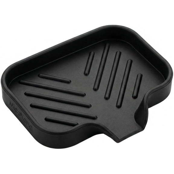 Silicone Soap Dish with Drain Spout, Self-Draining Sink Organizer Tray for Bathroom and Kitchen, Sponges, Dispensers and Soap Holder, Non-Slip and Dishwasher Safe, Black (Compact, 4.9"3.2")