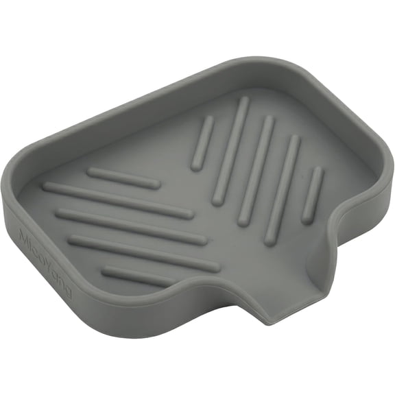 Silicone Soap Dish with Drain Spout, Self-Draining Sink Organizer Tray for Bathroom and Kitchen, Sponges, Dispensers and Soap Holder, Non-Slip and Dishwasher Safe, Grey (Compact, 4.9"3.2")