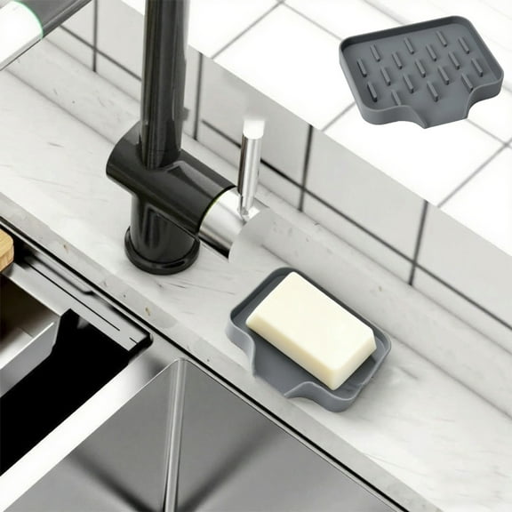 Silicone Soap Dish with Drain Spout | Sponge Holder Organizer Tray for Bathroom Kitchen Sink | Gray | Multi-Purpose Silicone Mat Hot Pad | Durable Easy-Clean | Size 4.8x3.6x0.39in | 1-Pack