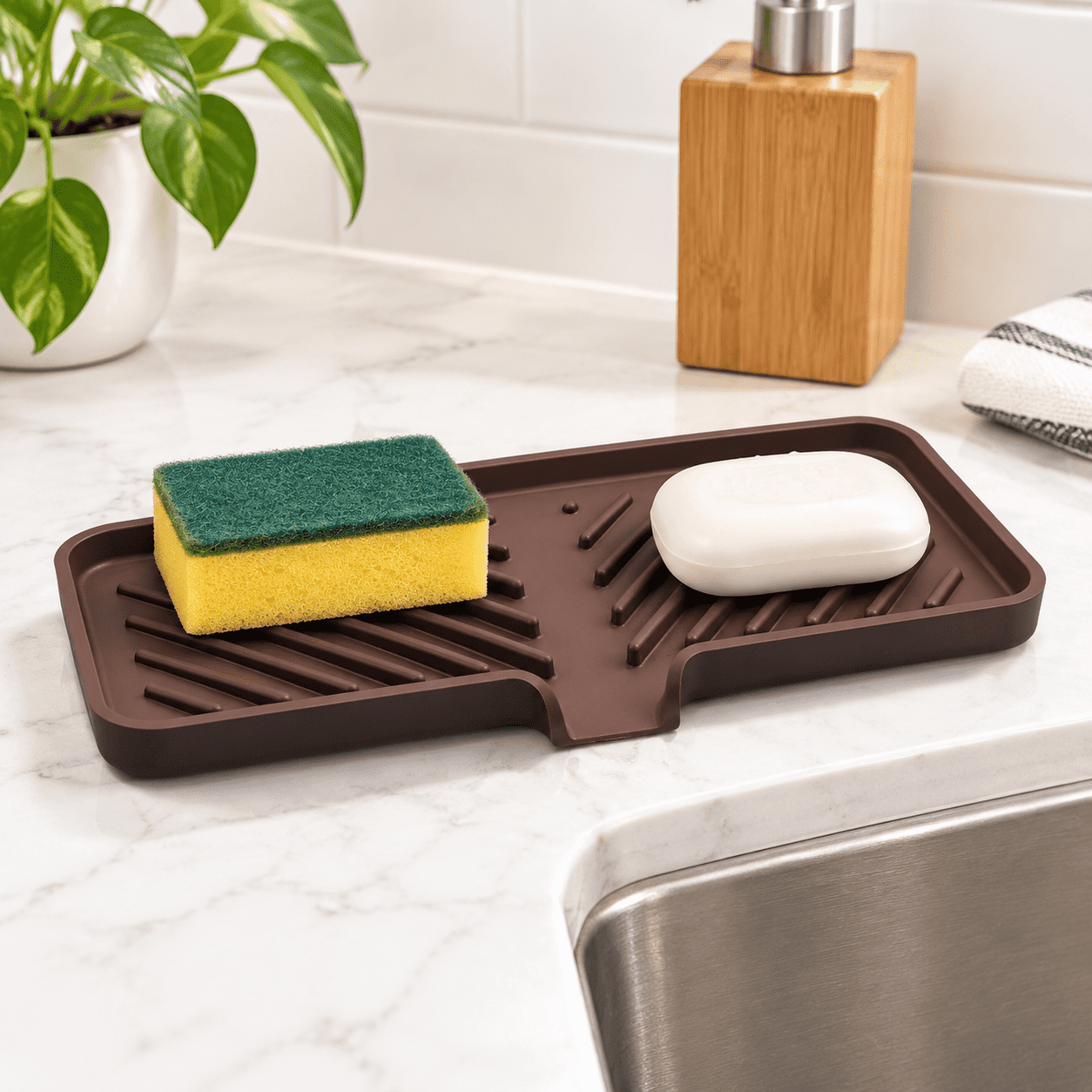 Silicone Soap Dish Tray and Sponge Holder, Dark Chocolate, 10
