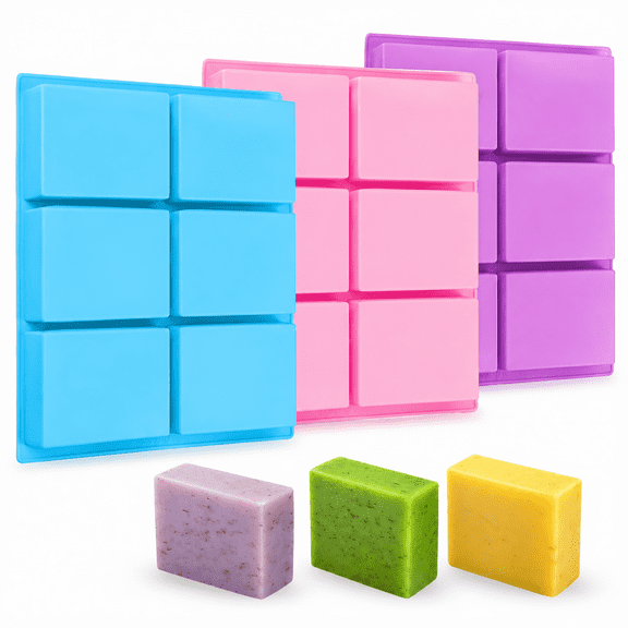 Silicone Soap Molds Set of 3, 6 Cavities Rectangle Silicone Soap Molds for Homemade Craft Soap Mold, Cake, Chocolate & Ice Cube Tray (Blue & Purple & Pink)