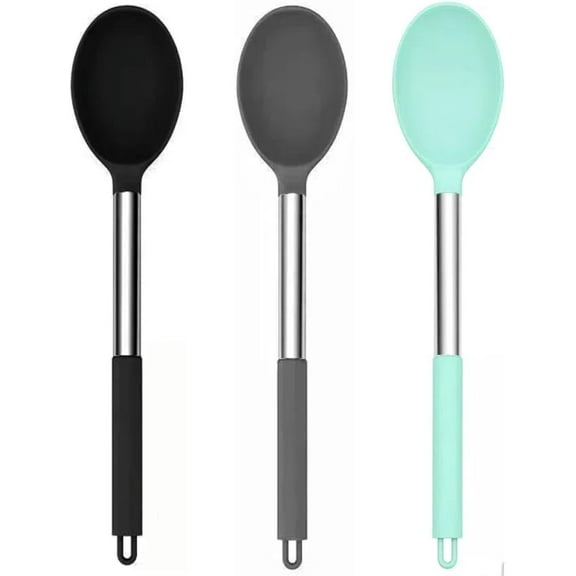 Silicone Solid Set (13.2"), 3-Pack Large Stainless Steel Handle Non Stick Server Spoon Heat Resistant 600F, Metal Basting Spoon, Kitchen Utensils for Mixing Serving