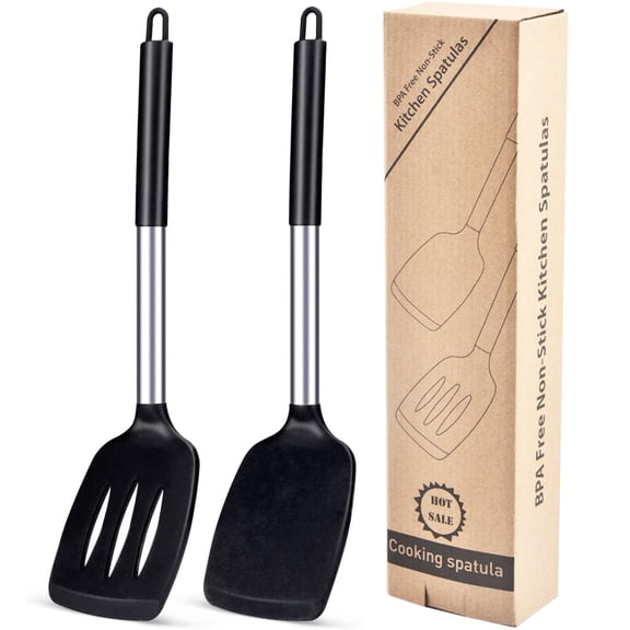 BAKER DEPOT Heat Resistant Turners Silicone Spatula Sets Non Stick Cooking Utensils Slotted Kitchen Turners Set of 2 (Black)