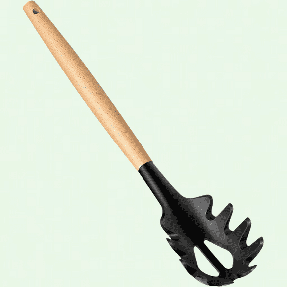 Silicone Spaghetti Fork with Wooden Handle, 12" Pasta Spoon, BPA-Free Noodle Strainer & Server