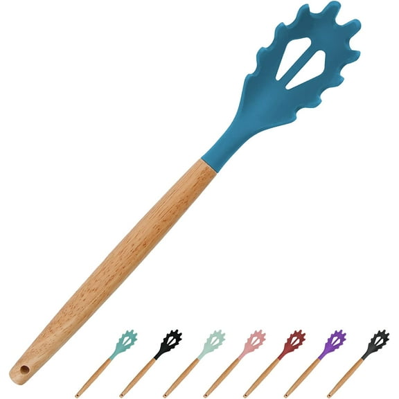 Silicone Spaghetti Spoon, Pasta Fork, 12.6 Inch Noodle Spoon, Pasta Spoon with Wooden Handle, Spaghetti Server for Cooking, BPA Free, Dark Blue