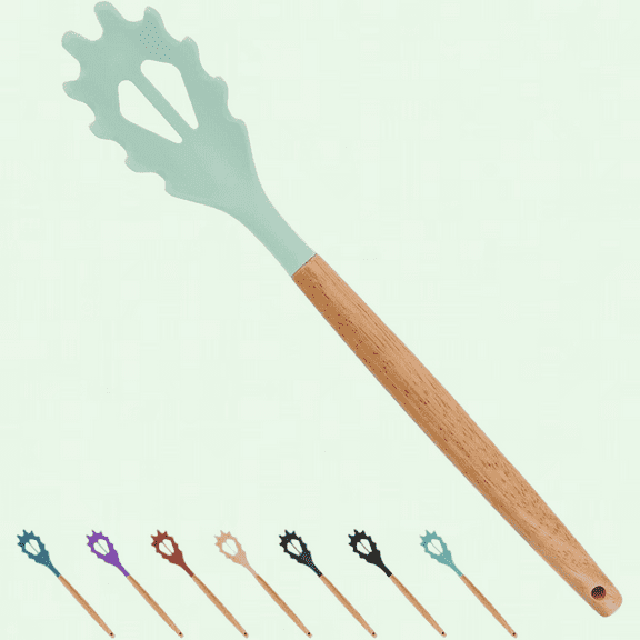 Silicone Spaghetti Spoon, Wooden Handle, Heat-Resistant Pasta Server, Mint Green