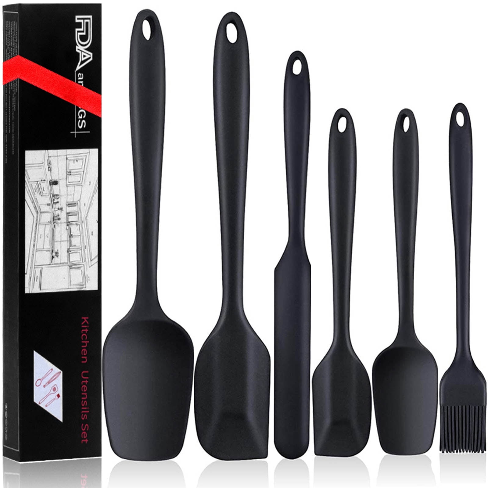 Silicone Spatula 6-Piece Set, Integrated Seamless Design, 480 F Heat Resistance, Non-Stick Spatula Cooking, Baking and Stirring Multi-Purpose Kitchenware (Black)