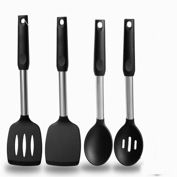 Silicone Spatula and Cooking Spoon,4 Pack Non-Stick Cooking Utensils for Kitchen，Heat Resistant Solid & Slotted Spoons and Spatulas,Stainless Steel Handle Coated with Silicone,Black