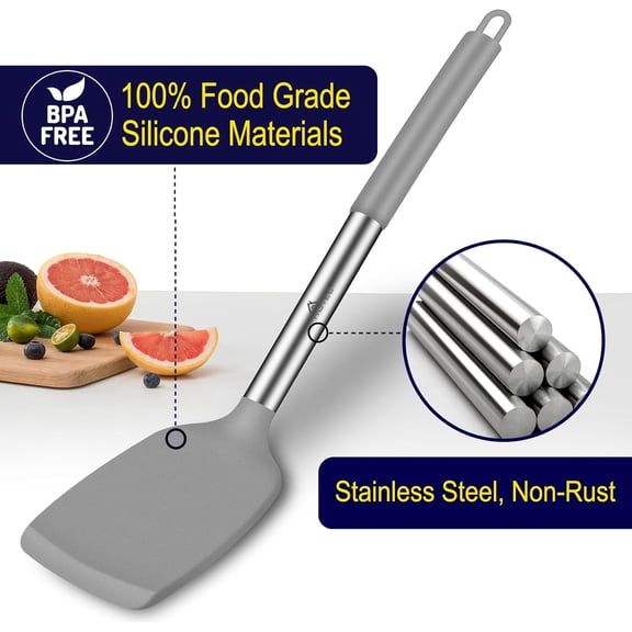 Silicone Spatula Set of 2 Heat-Resistant 600°F & BPA-Free Kitchen SaptulaTurner with Stainless Steel Handles, Slotted & Solid Spatulas for Nonstick Cookware, 13.7 Inch, Black