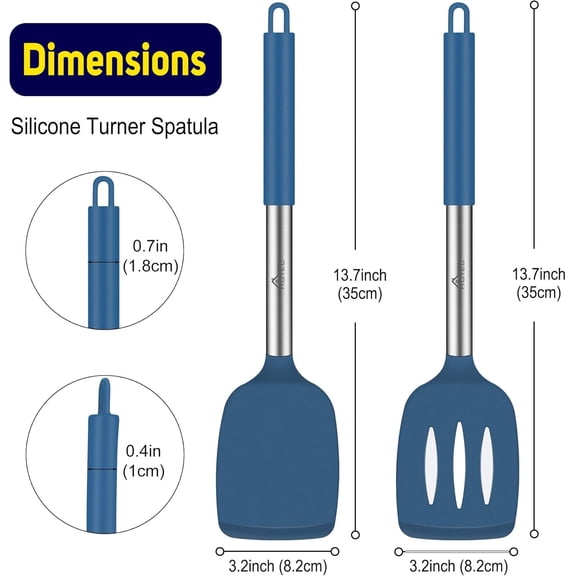 Silicone Spatula Set of 2 Heat-Resistant 600°F & BPA-Free Kitchen SaptulaTurner with Stainless Steel Handles, Slotted & Solid Spatulas for Nonstick Cookware, 13.7 Inch, Black